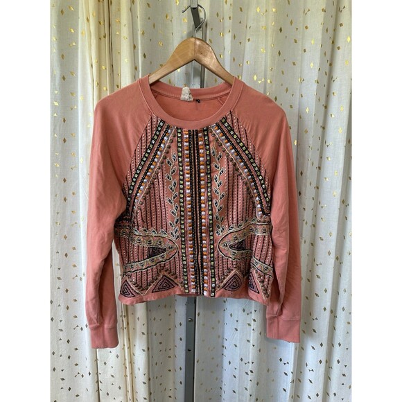 Anthropologie Akemi + Kin Peach Embroidered Bohemian Crew Neck Sweatshirt S - Picture 3 of 9
